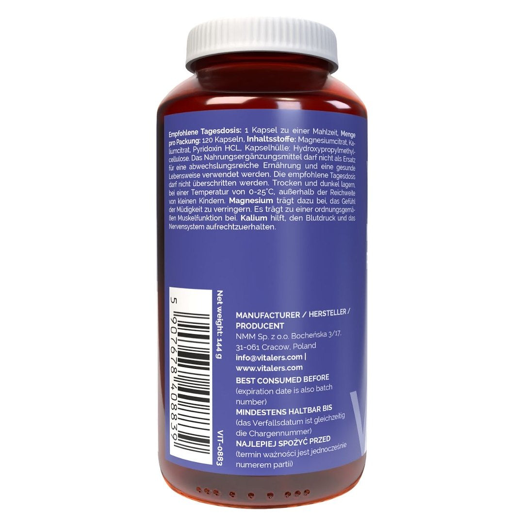 Vitaler magnijs 100 mg + kālijs 150 mg + B6 6 mg - 120 kapsulas