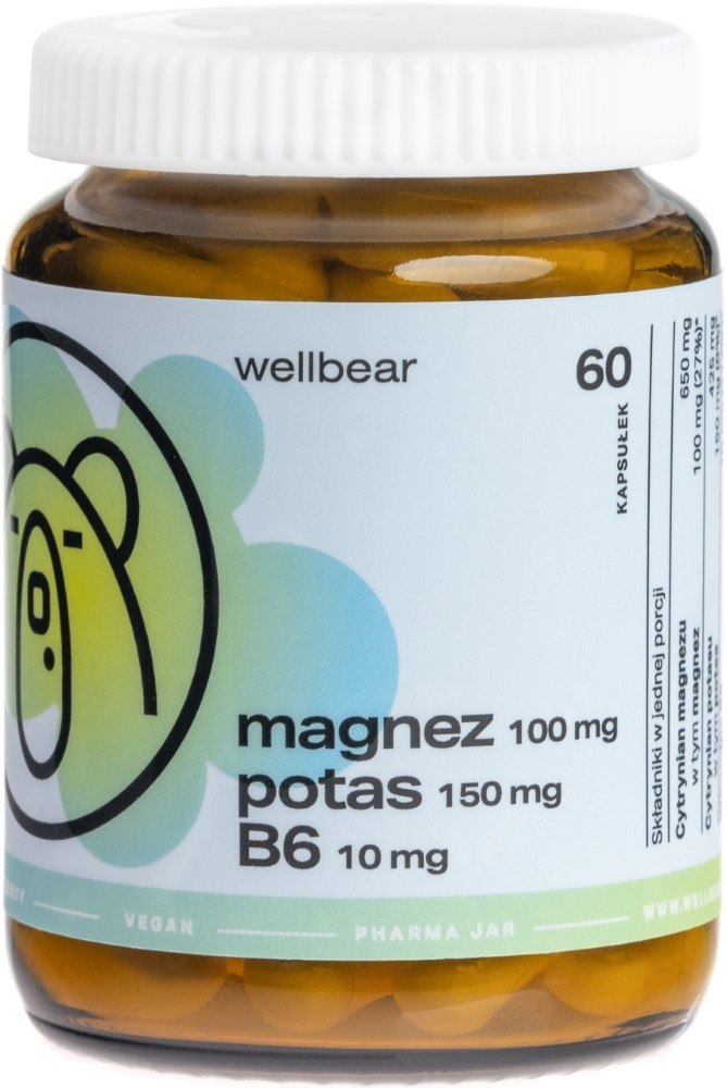 Wellbear Magnis 100 mg + Kālijs 150 mg + B6 10 mg - 60 kapsulas