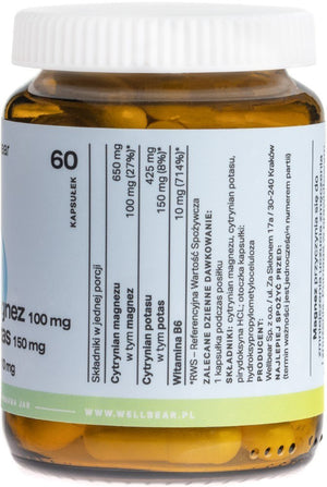 Wellbear Magnis 100 mg + Kālijs 150 mg + B6 10 mg - 60 kapsulas